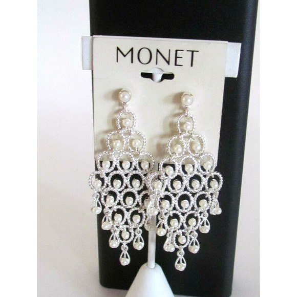Women's Earrings Designer Monet Pearl Chandelier Silver Tone Pierce Earring's - Picture 1 of 4